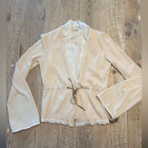 Brunello Cucinelli Cream Cashmere Cardigan Silk Lined Suede Tie XS